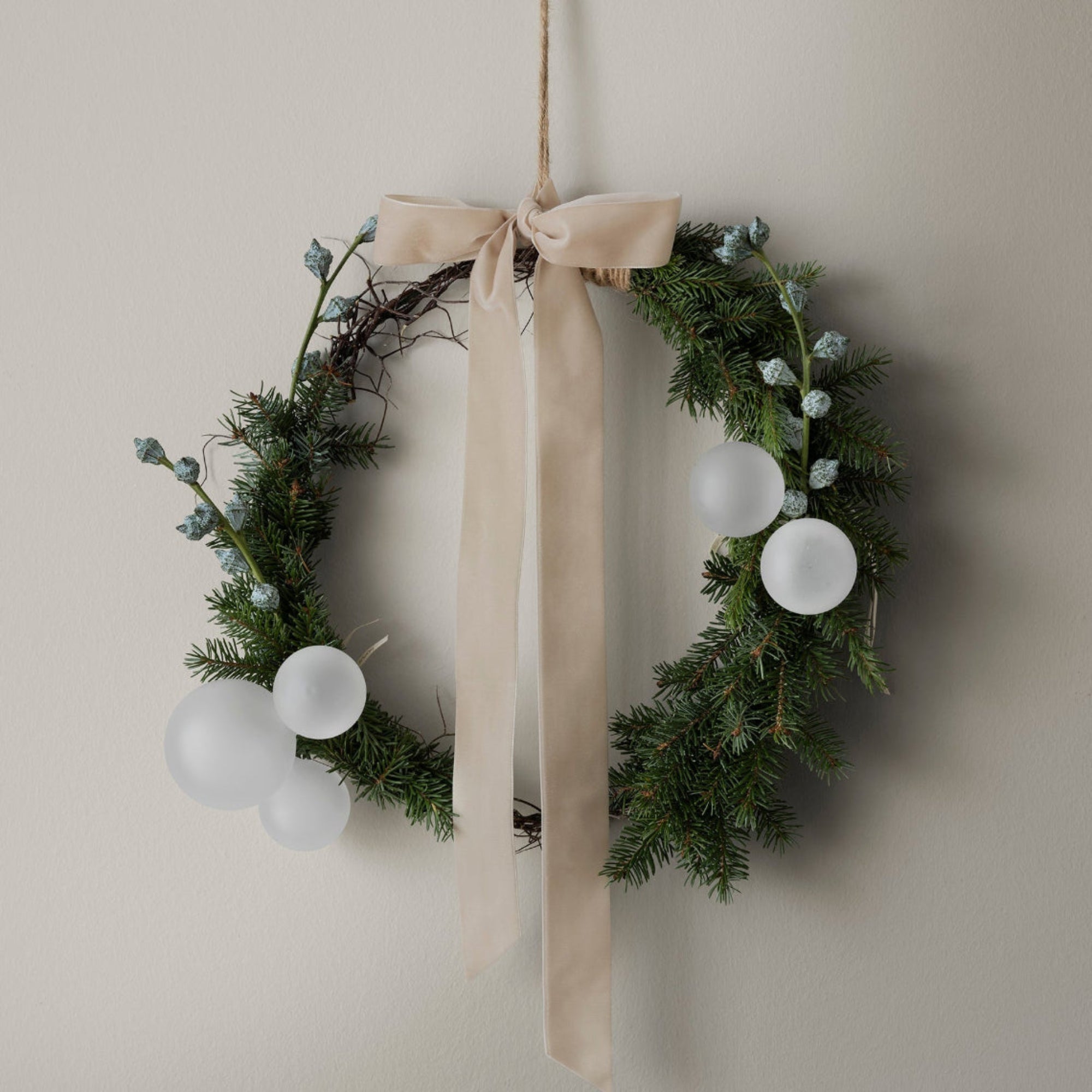 Holiday wreath with handmade glass ornaments from blomus