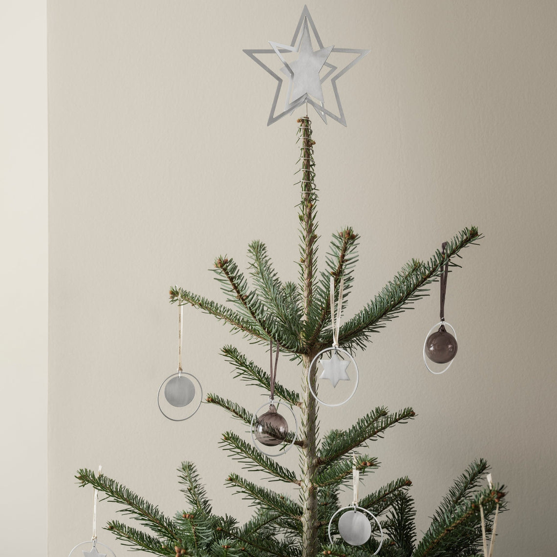 minimalist Christmas tree with elegant glass ball ornaments with silver ring by blomus