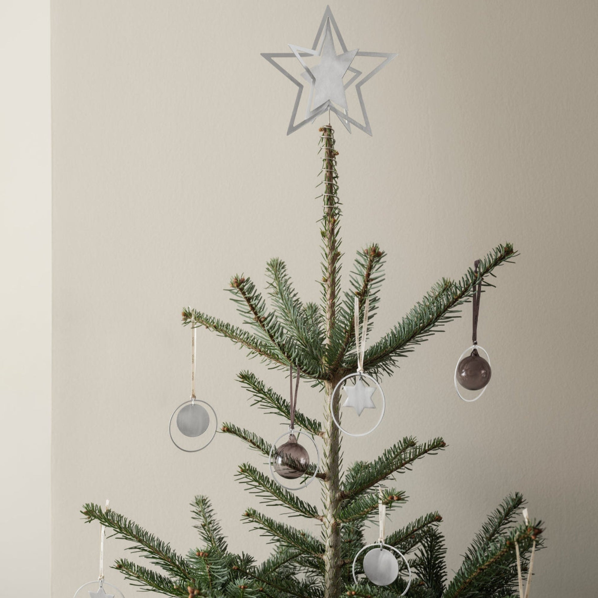 minimalist Christmas tree with elegant glass ball ornaments with silver ring by blomus