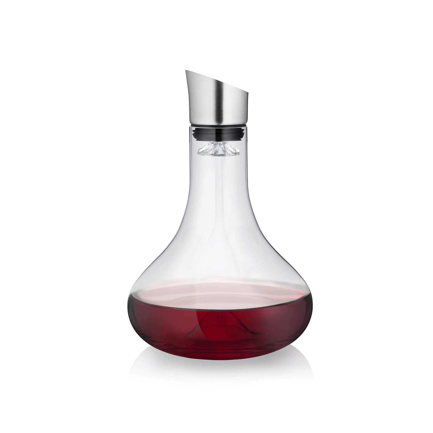 Clear wine decanter with a silver stopper on a white background