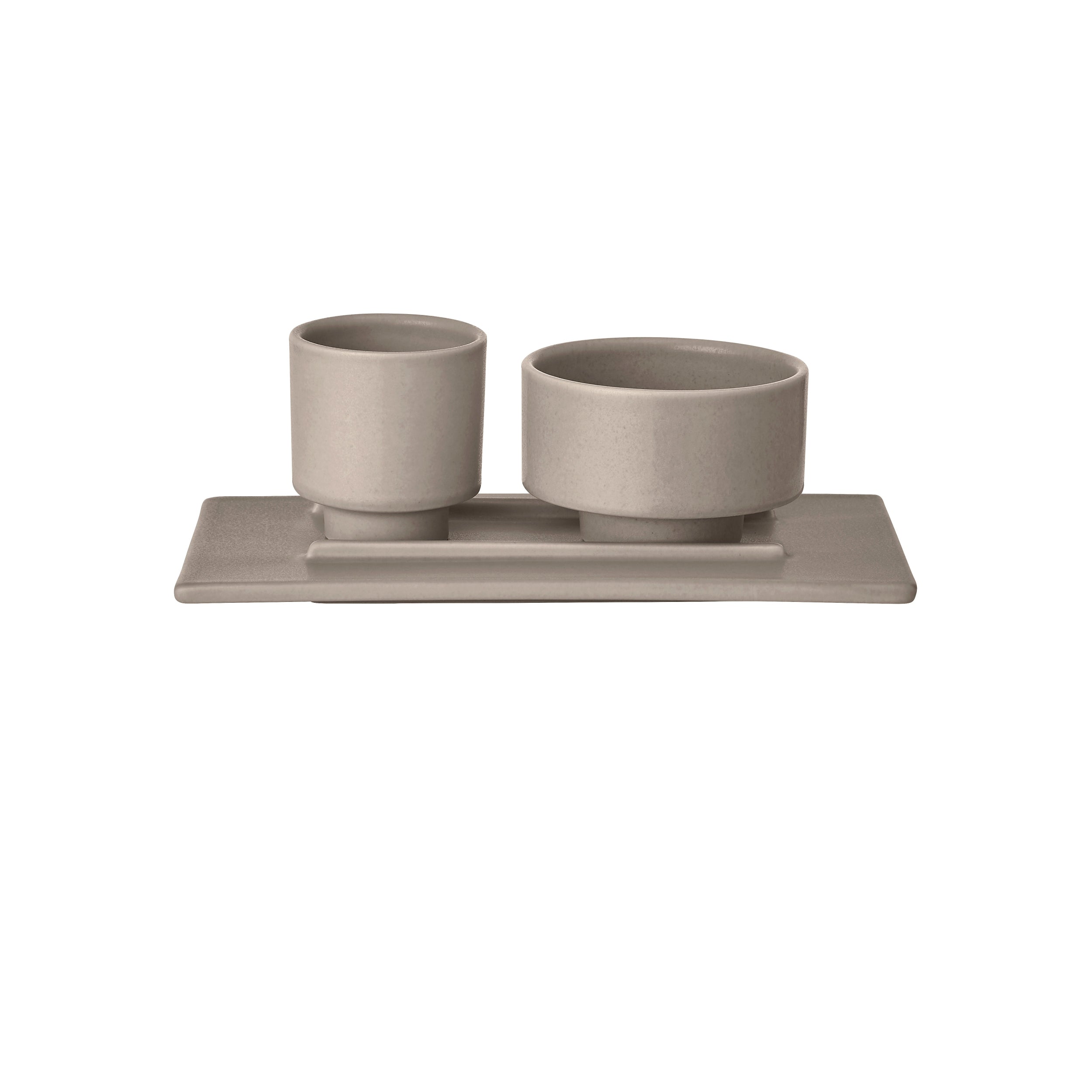 Set of two gray ceramic cups with a matching tray on a white background