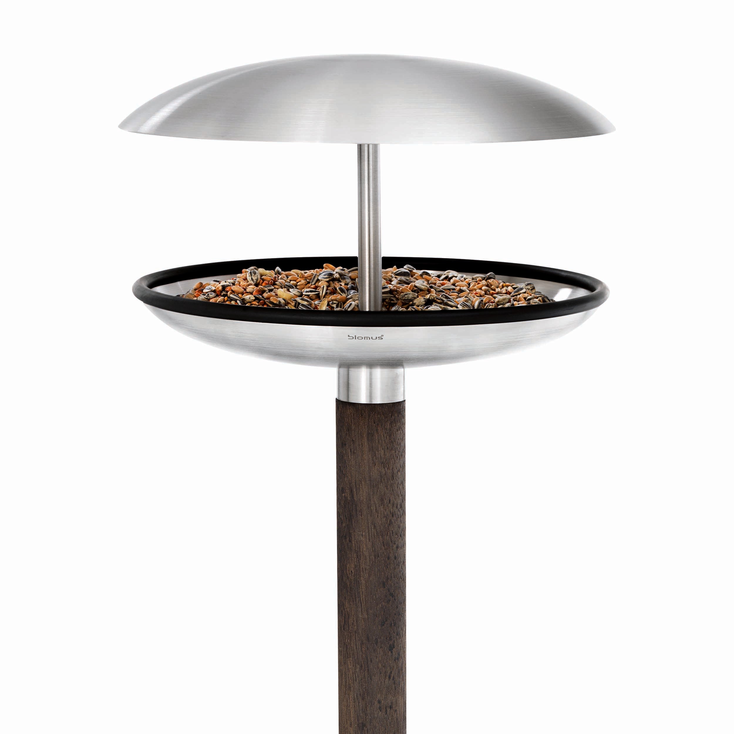 blomus FEURA Modern Stainless Steel Bird Feeder and Bird Bath with Natural Wood Stake Pole