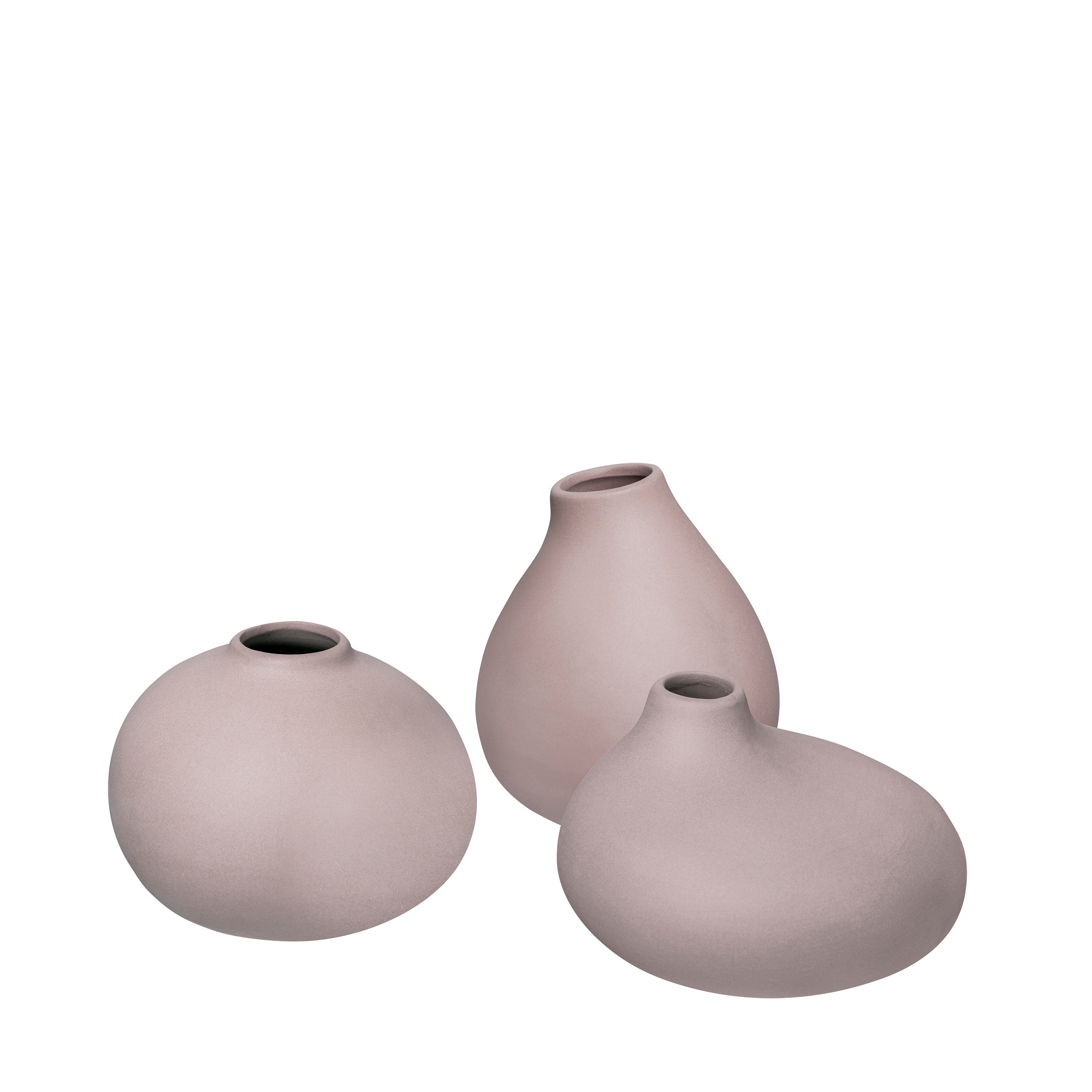Three gray ceramic vases of different sizes on a white background