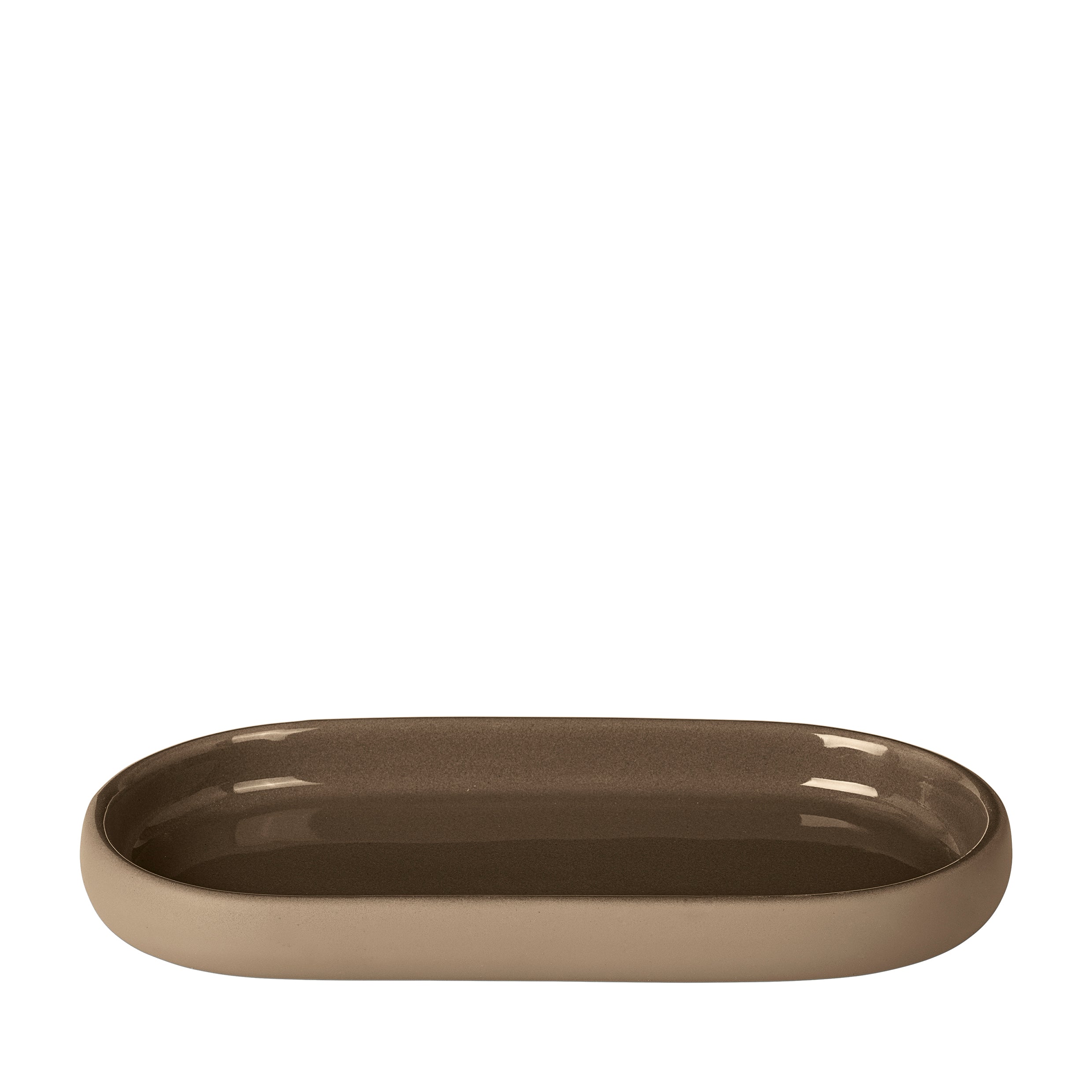 blomus SONO Modern Bathroom Countertop Oval Tray Organizer - Ceramic Soft Touch Tan