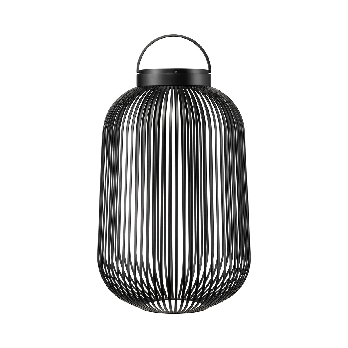 A modern black metal lantern with a ribbed cylindrical body, vertical slatted design, and a top carrying handle, shown on a plain white background.