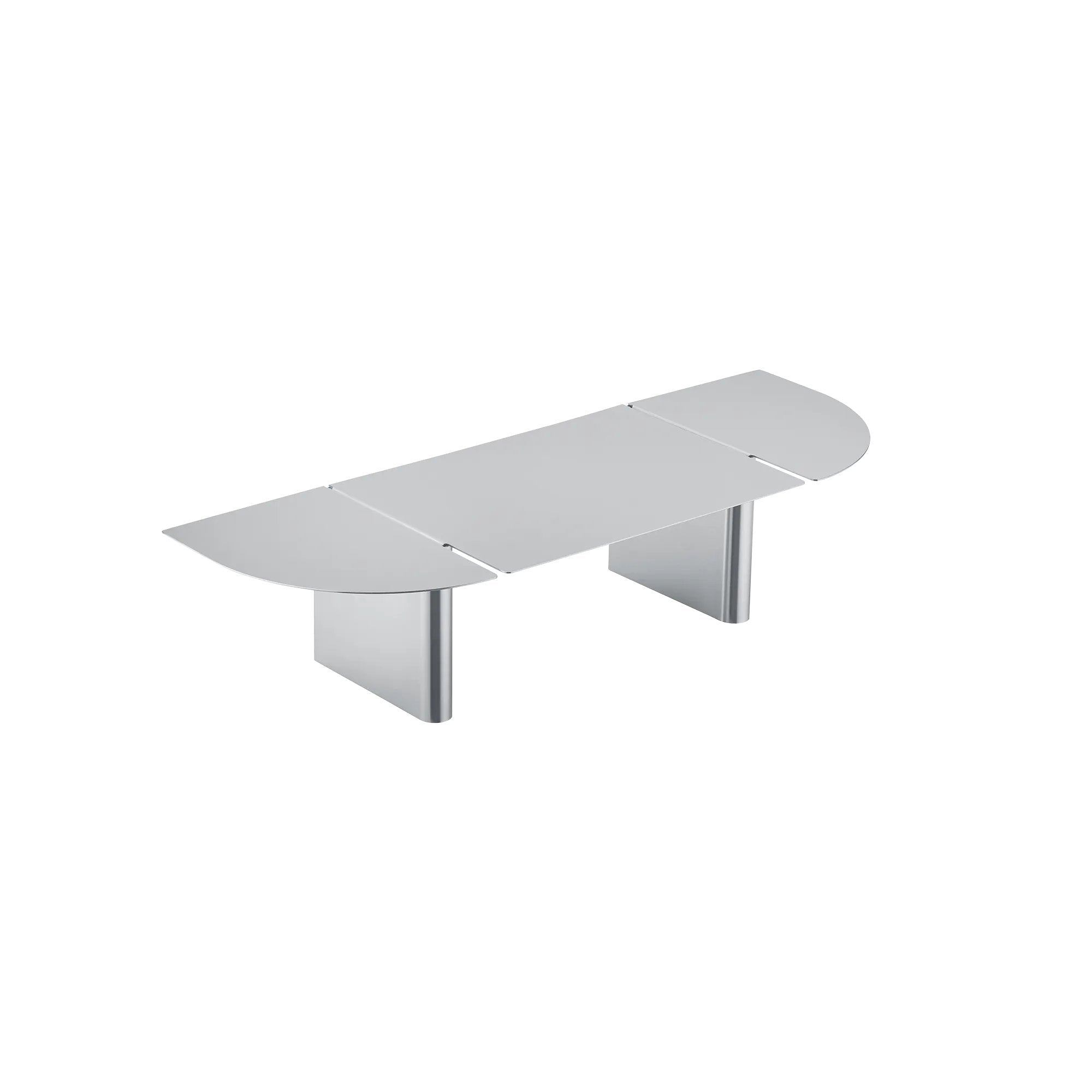 modern stainless steel shelf from a side view on a white background