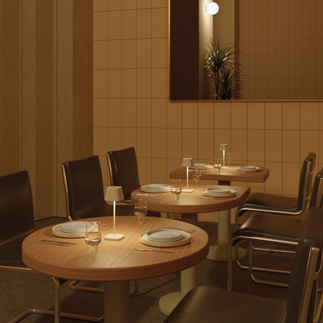 minimalist design restaurant with warm glow from LED lamps on each table