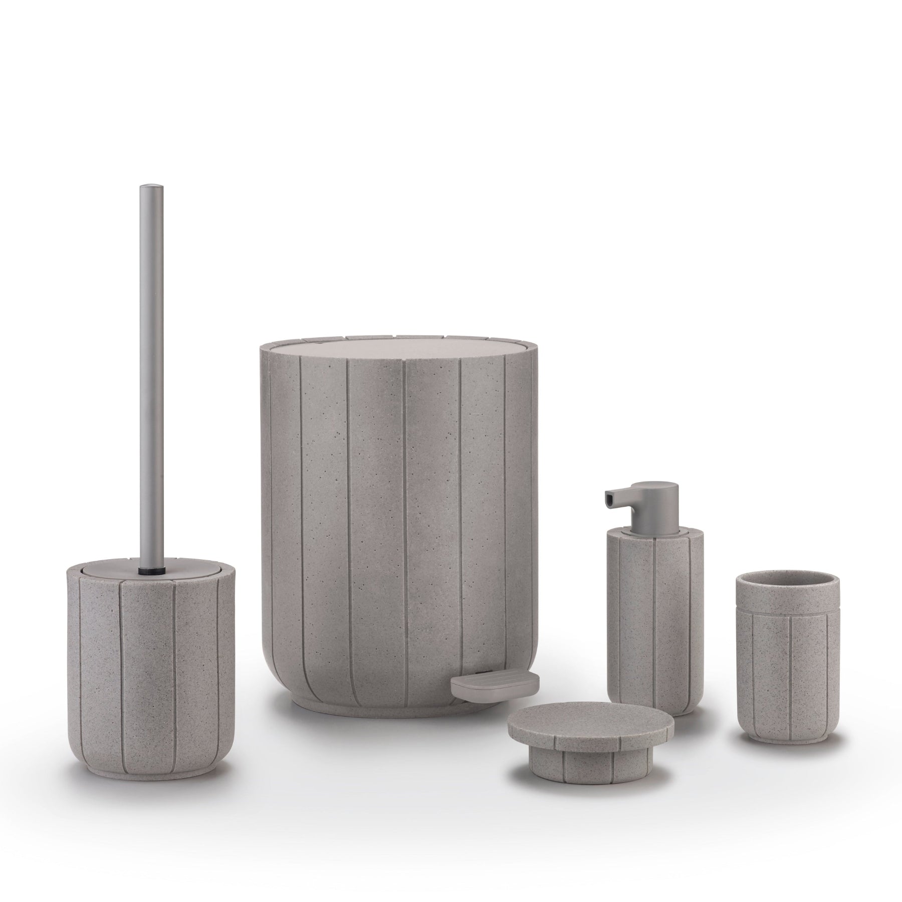 All KUA Items show in Micro Chip color: wastebasket, toilet brush, soap dispenser, tumbler and tray
