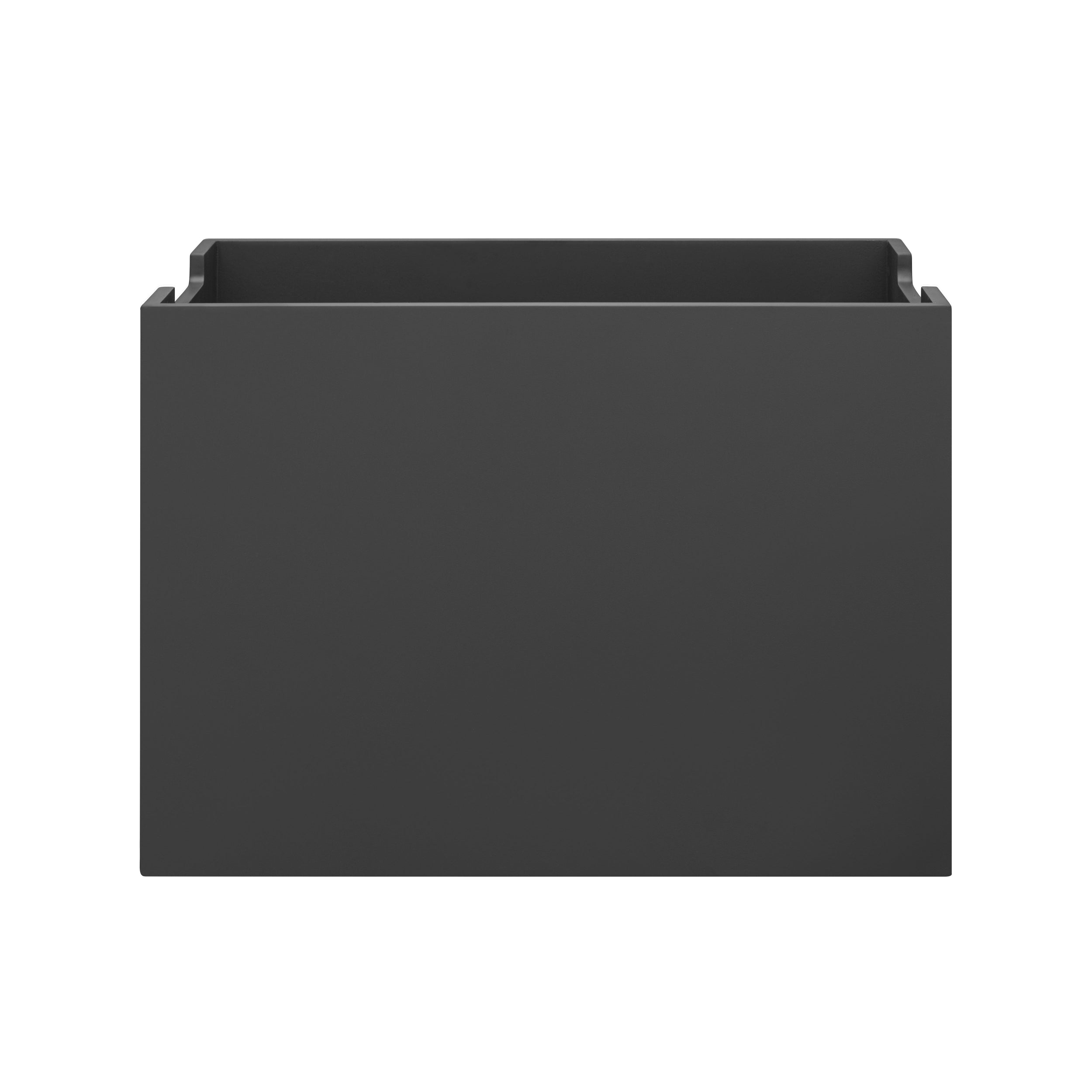 Black rectangular storage bin on a white background