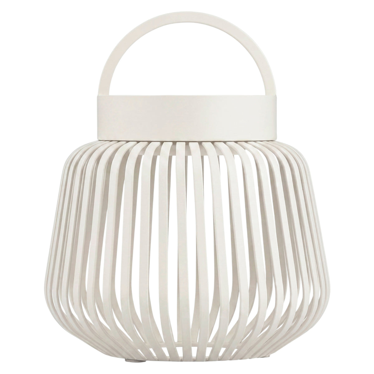 A modern silk grey metal lantern with a ribbed cylindrical body, vertical slatted design, and a top carrying handle, shown on a plain white background.