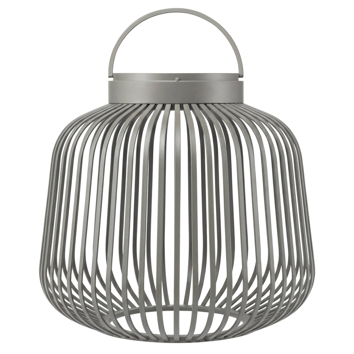 A modern granite grey metal lantern with a ribbed cylindrical body, vertical slatted design, and a top carrying handle, shown on a plain white background.