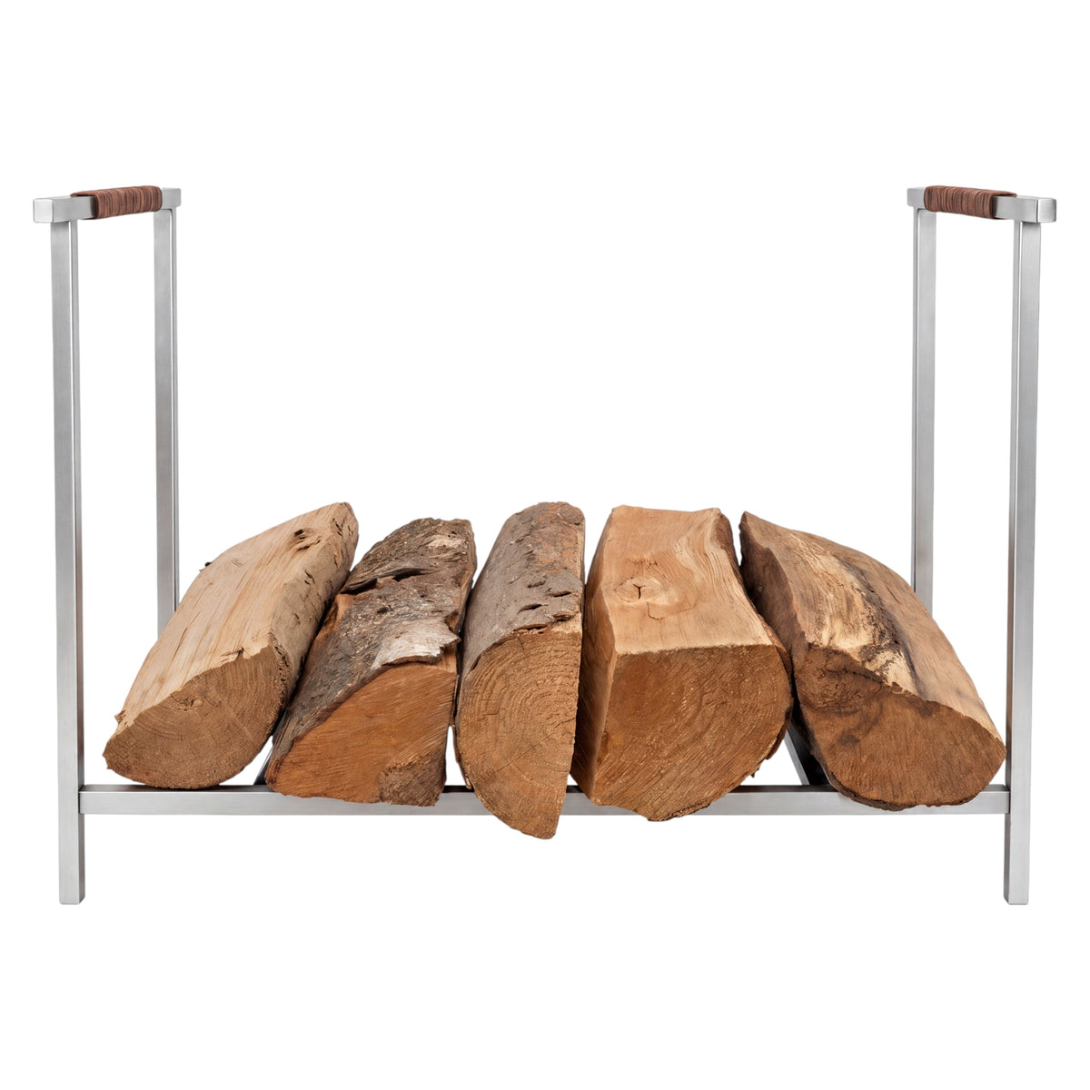 A modern steel firewood rack with two upright legs and a bottom shelf, holding five cut logs. The rack has a stainless steel frame with leather wrapped handles on the vertical supports, set against a plain white background.