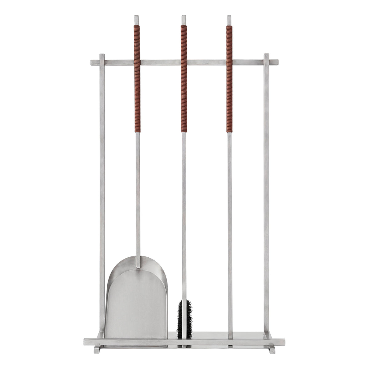 A stainless steel fireplace tool set with a matching stand, including a long-handled brush, a long-handled shovel, and a long-handled poker, each with a brown textured grip, shown on a plain white background.
