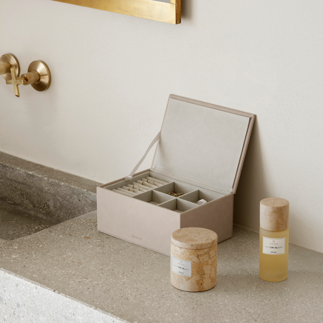 SAHLA Large open jewelry box on a bathroom counter with blomus candle and fragrance spray.