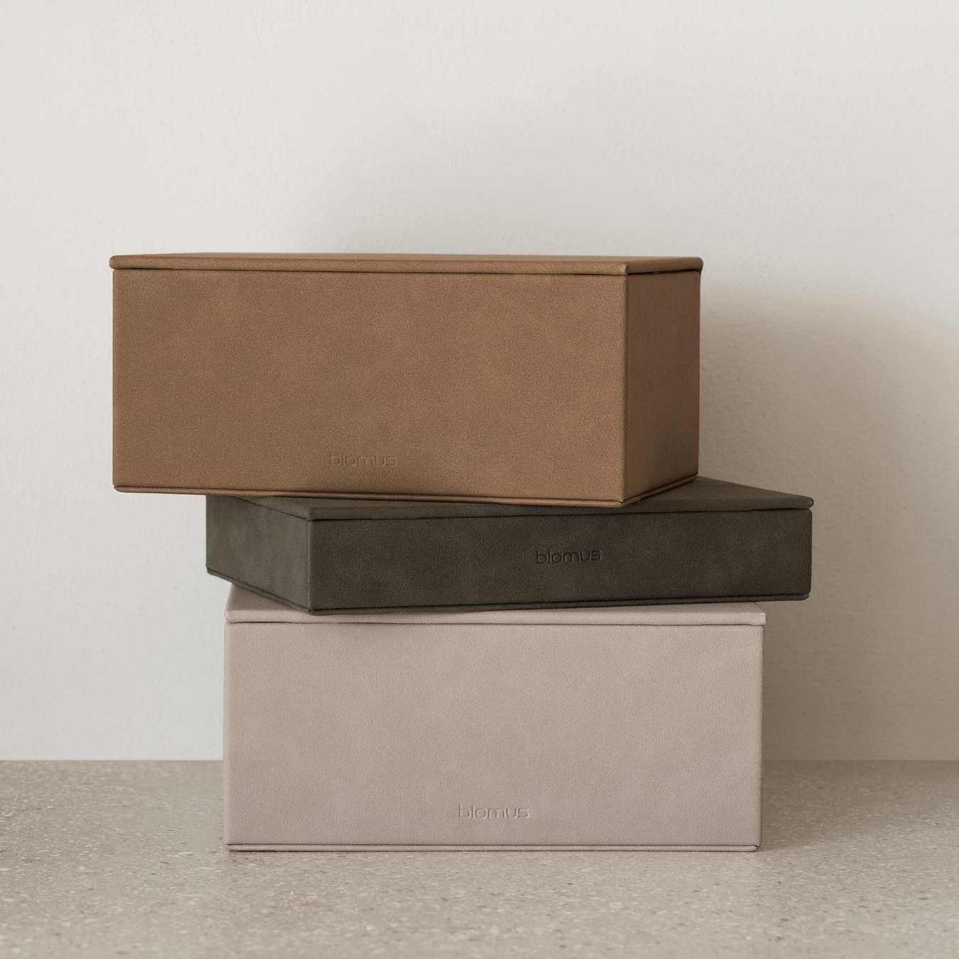 SAHLA Jewelry Boxes Stacked on neutral countertop.