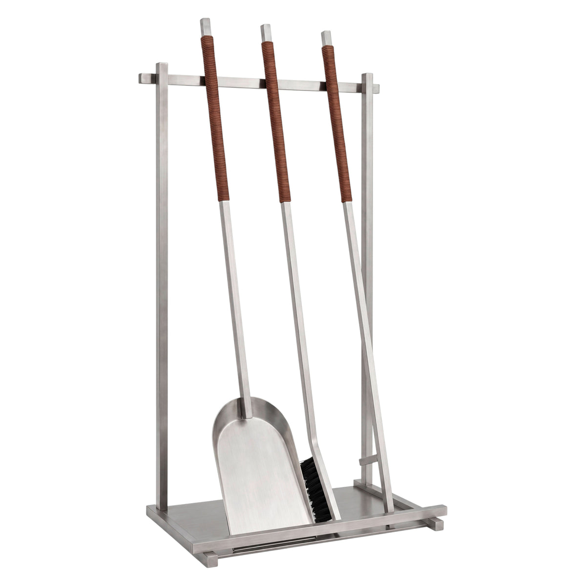 ASKA Fireplace Tool Set and Stand Stainless Steel with Leather Cord Handles - 4 Piece Set