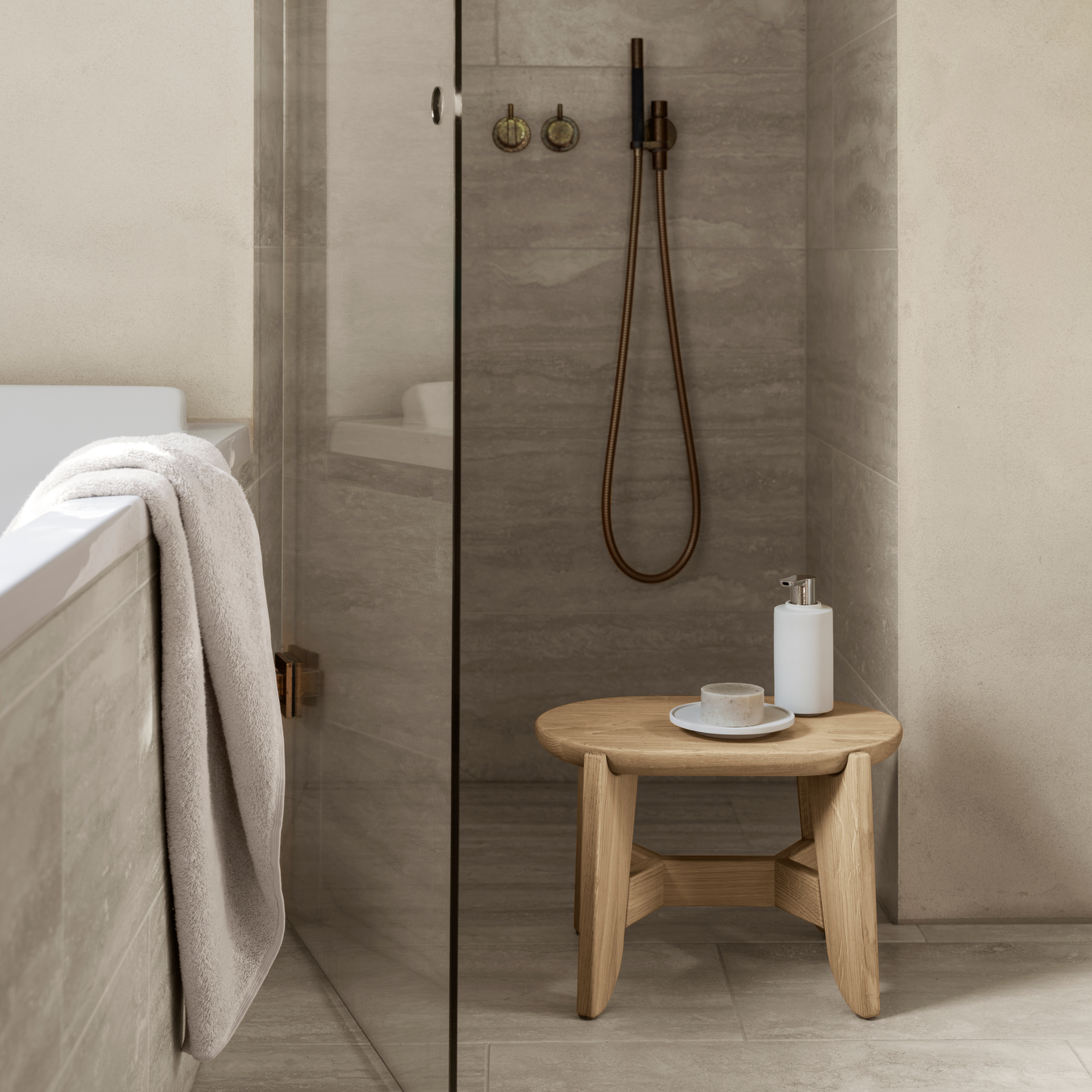 Modern marble bathroom with wood stool displaying CRETO concrete bathroom accessories