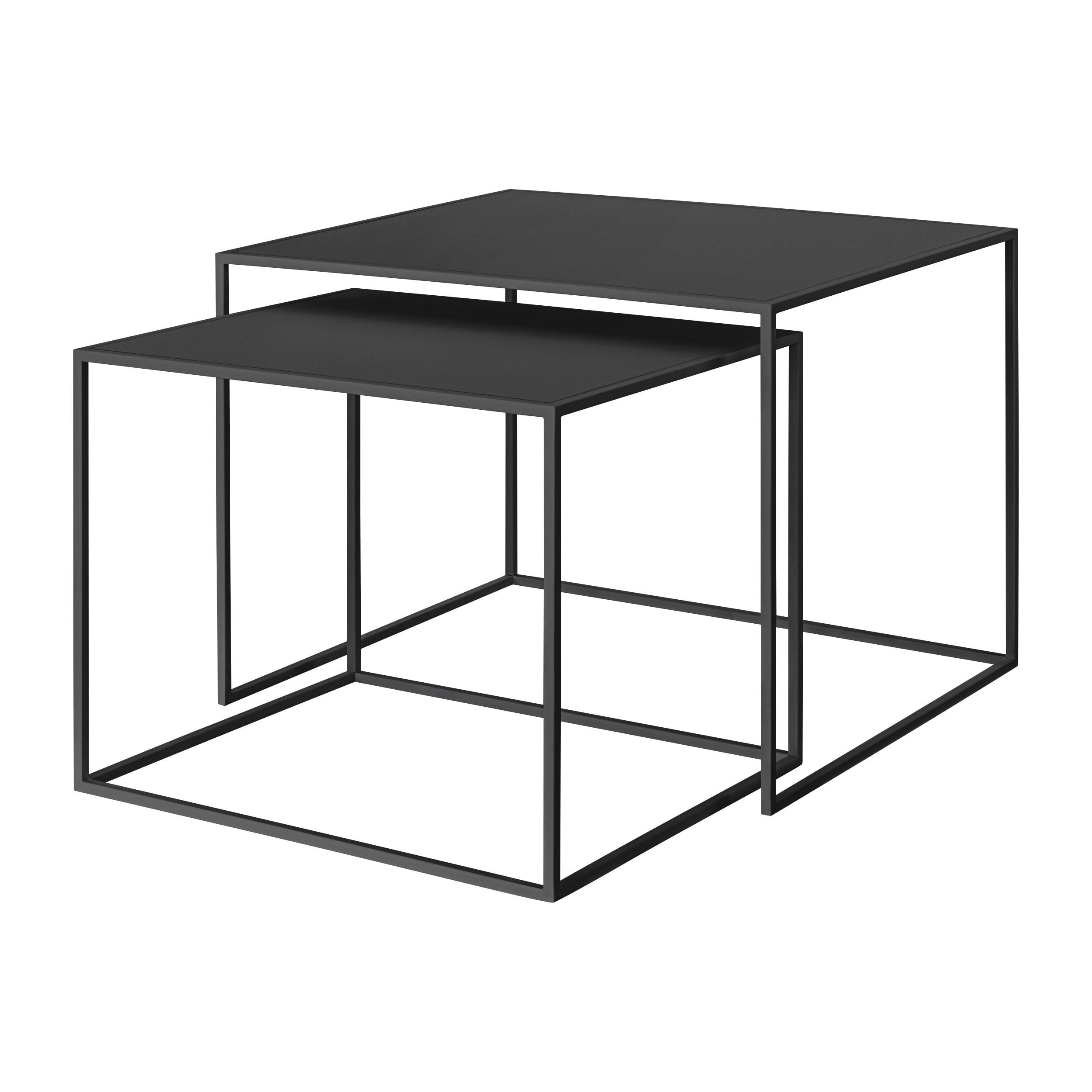 Set of two black nesting tables on a white background