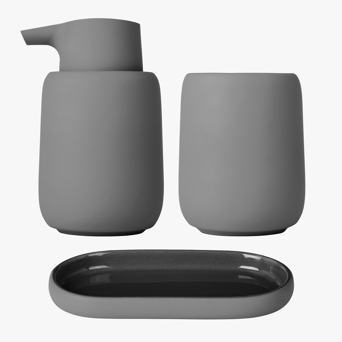 SONO Modern Bathroom Accessory Set - Limited Color Release - Ceramic Soft Touch Soap Dispenser, Tumbler & Tray Organizer