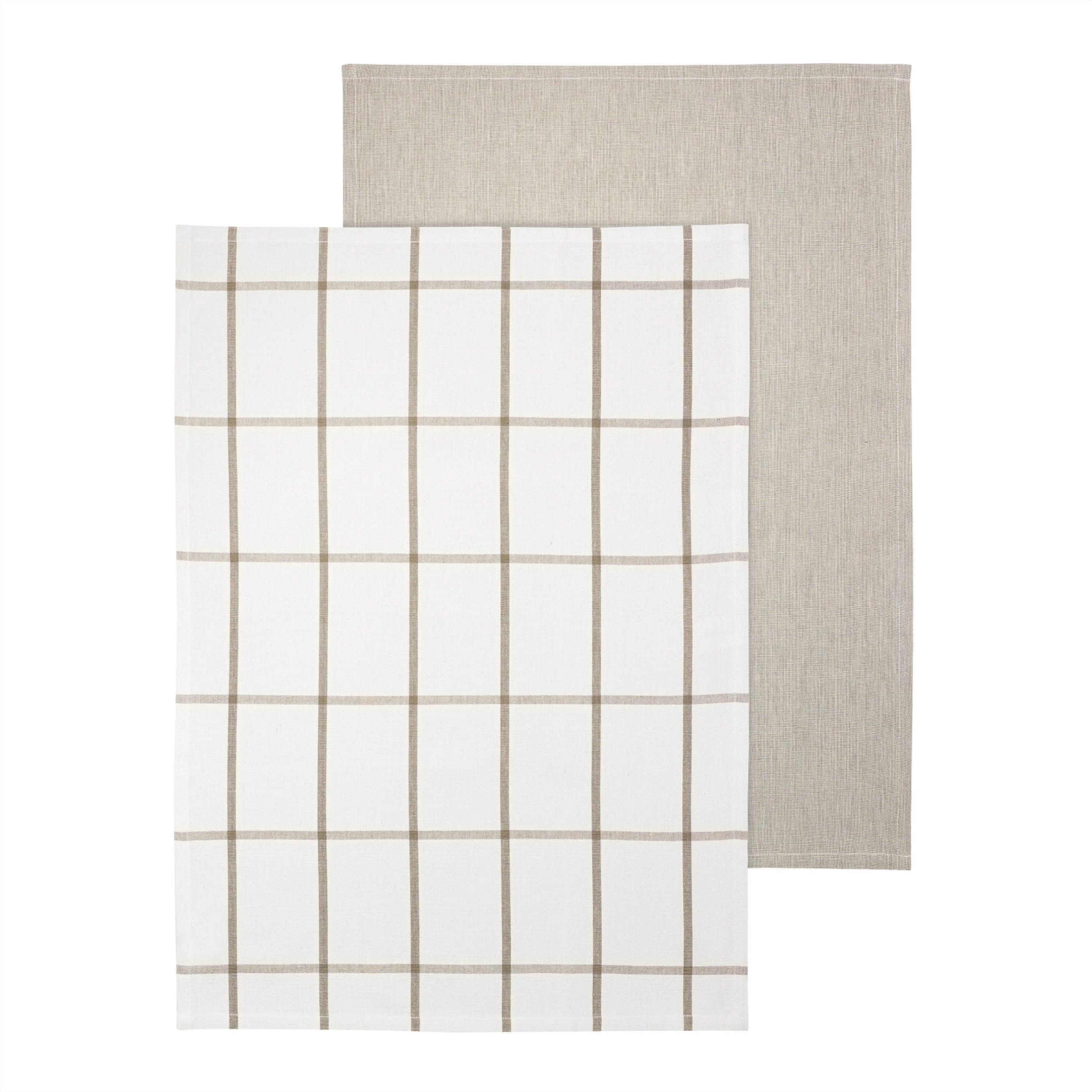 Two Tea Towels with grid pattern and plain color on a white background