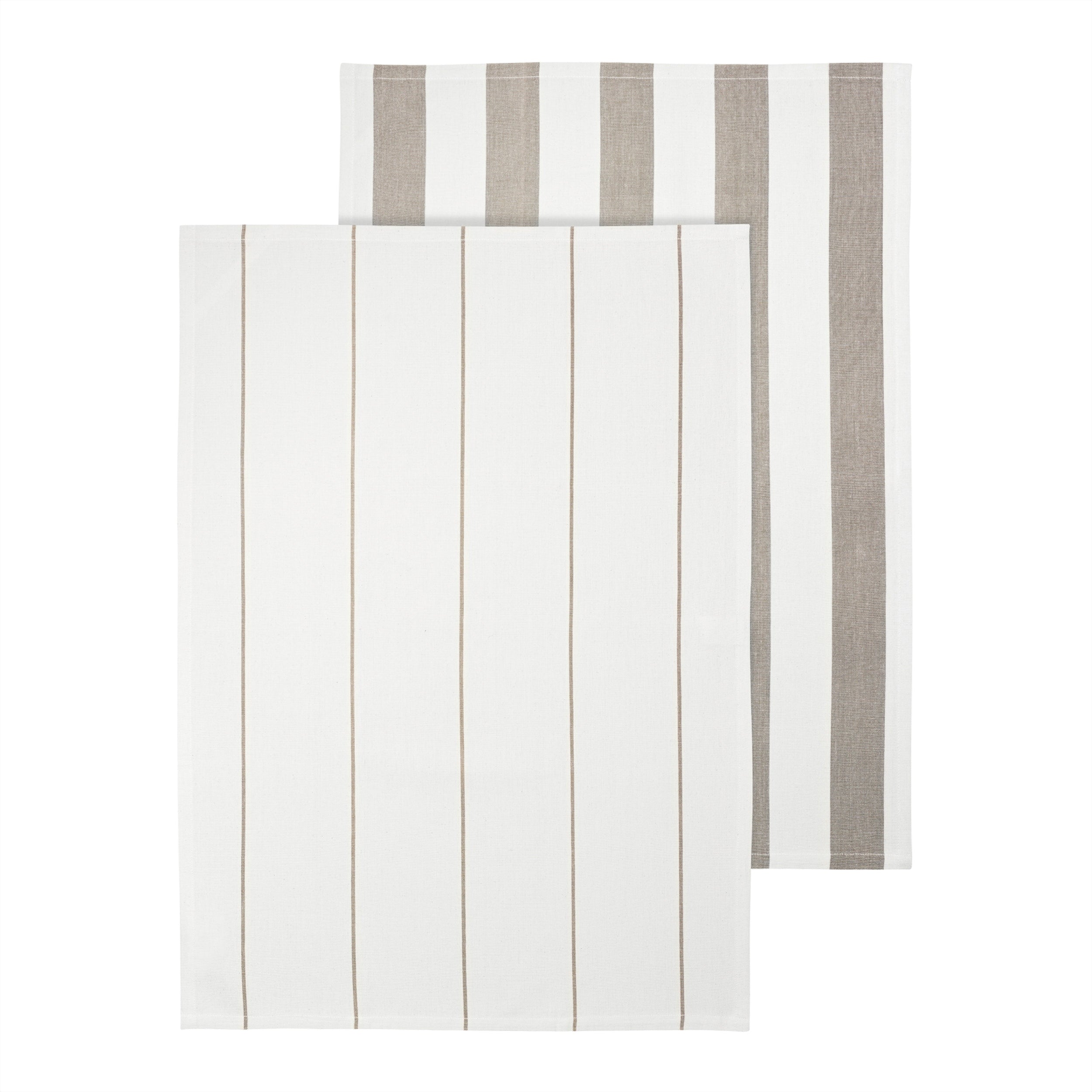 Two stripedtea towels, one with white and gray stripes and the other with gray and white stripes, on a white background.