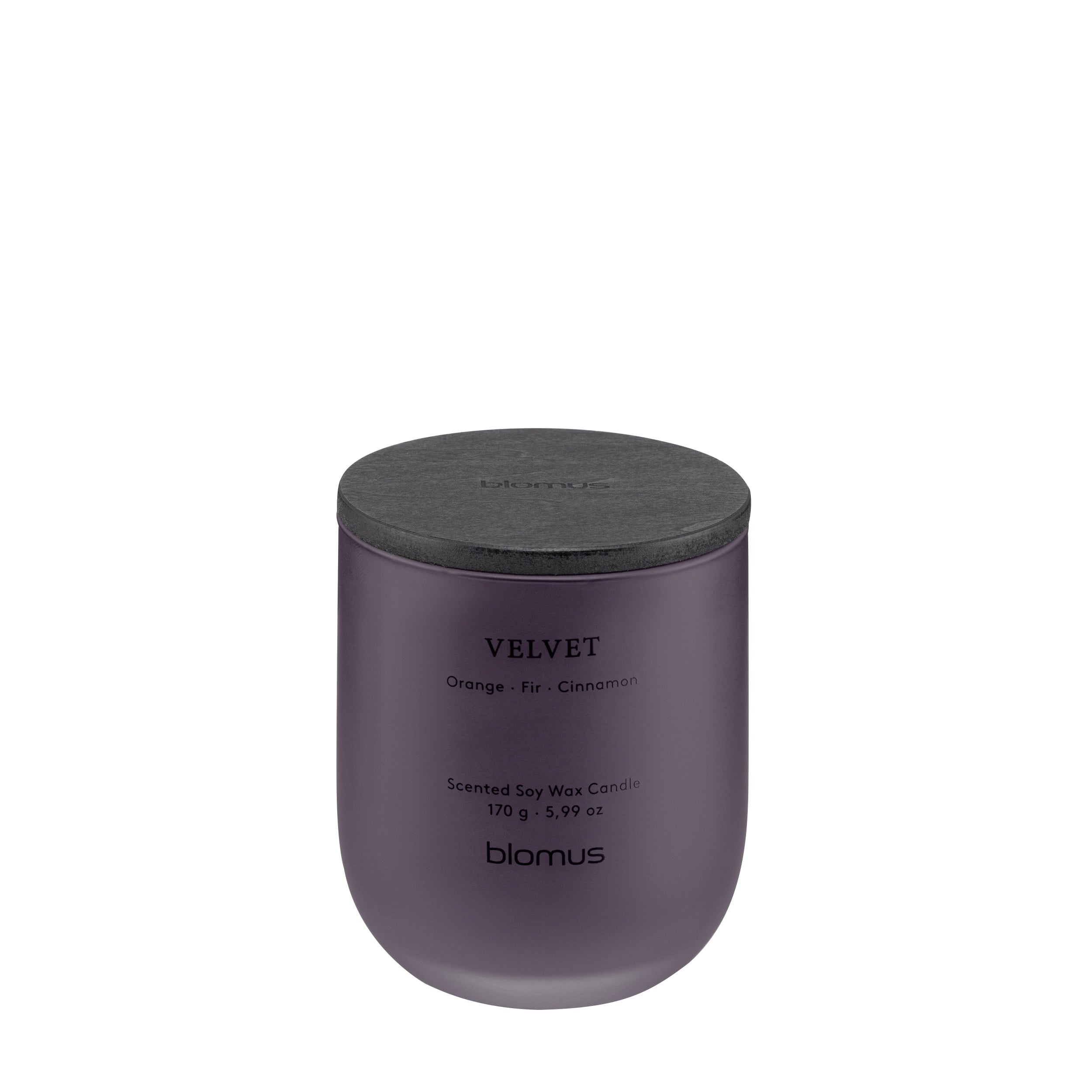 Purple candle with a gray lid on a white background