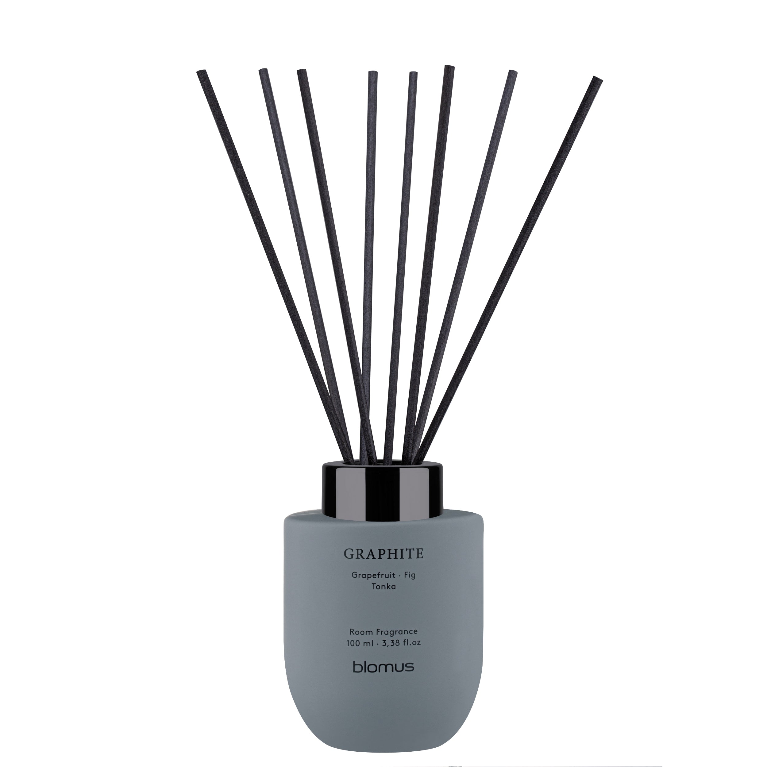 Gray diffuser with black sticks on a white background