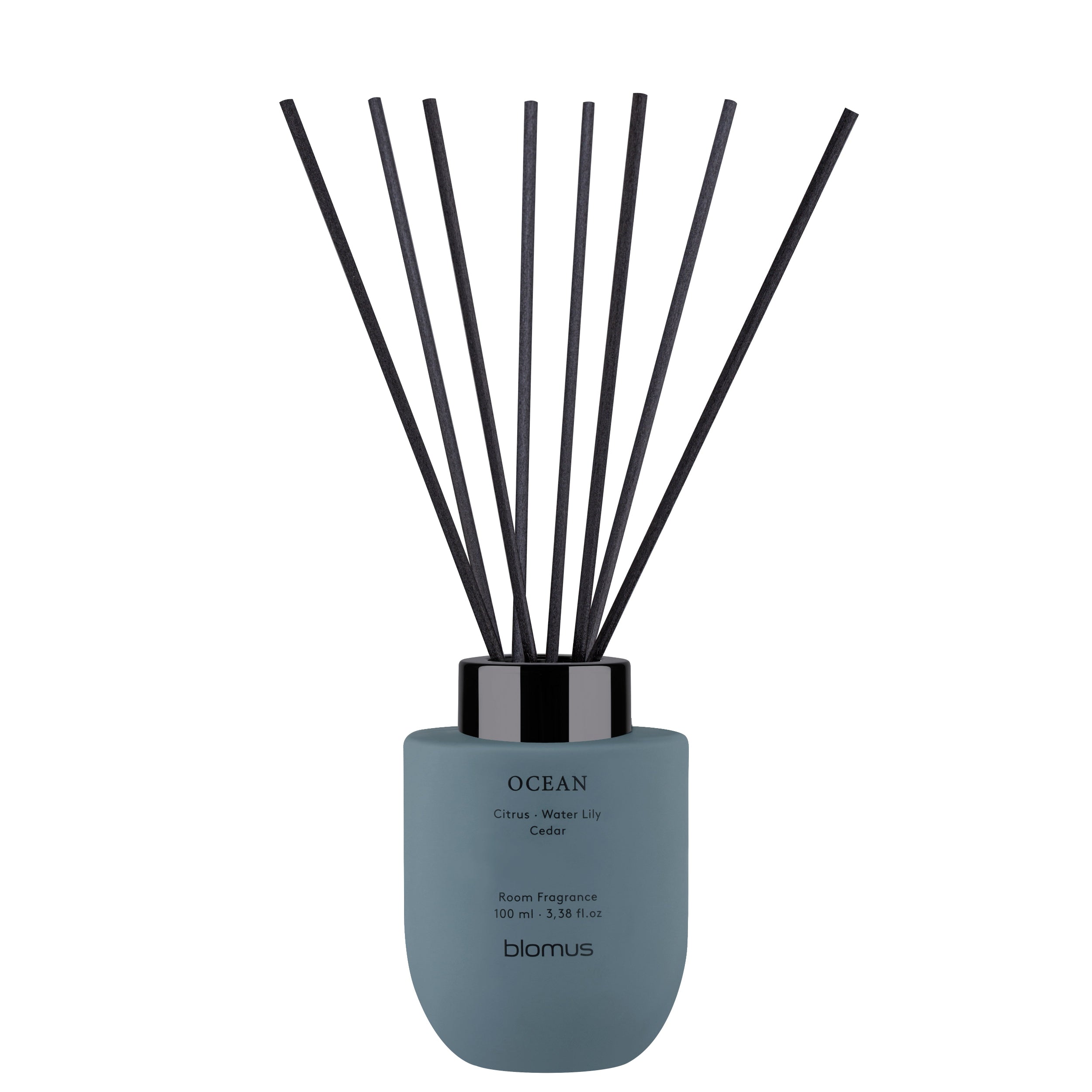 Diffuser with black sticks labeled 'Ocean' by blomus on a white background