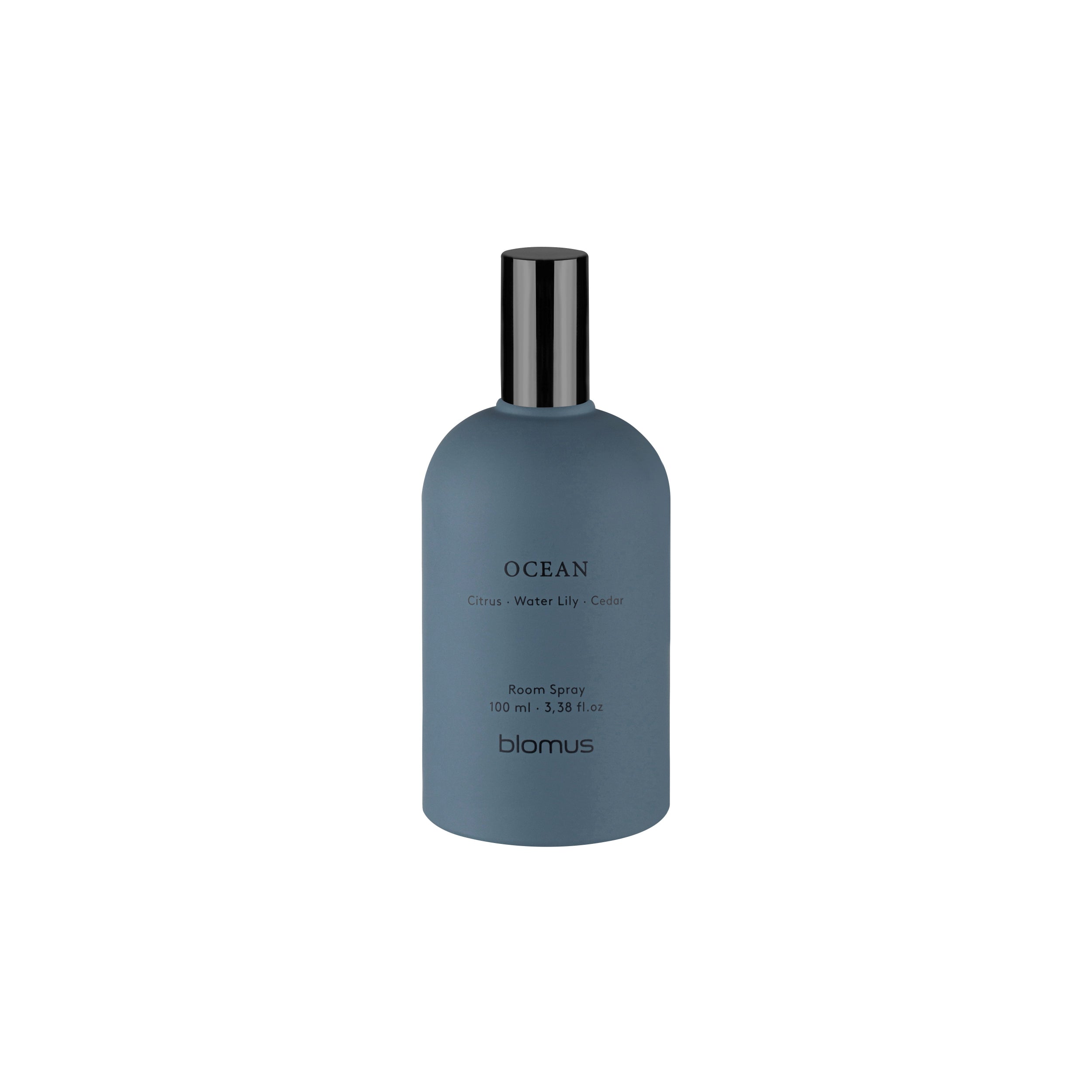 Blue room spray bottle labeled 'Ocean' by biomus on a white background