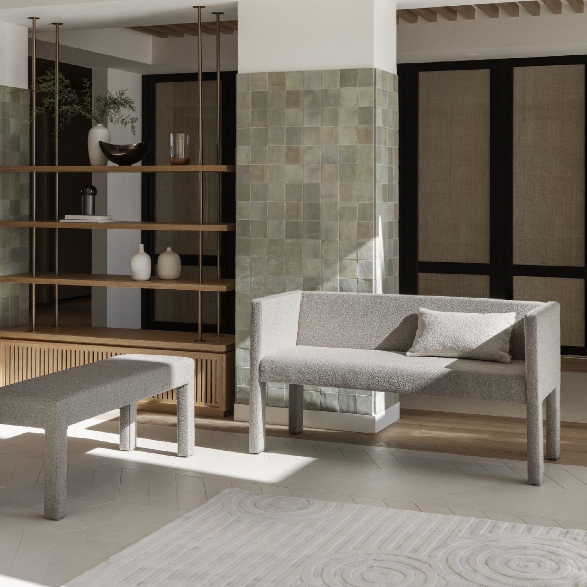 Japanese influenced entryway with UZU viscose area rug by blomus