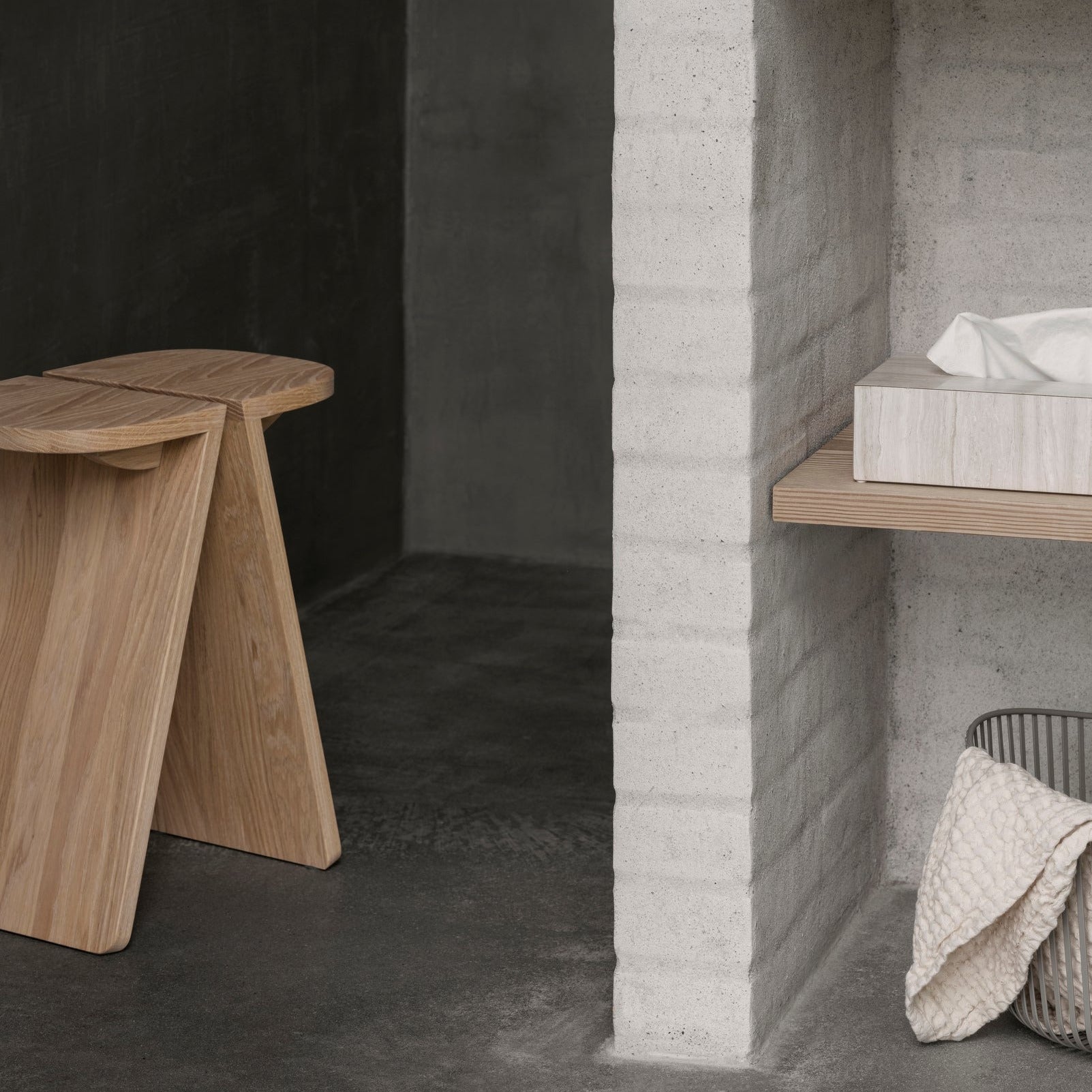 Urban minimalist bathroom with AVIO natural oak stool