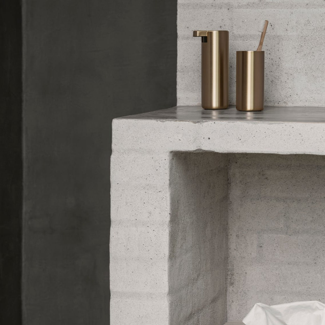 Industrial modern concrete countertop with matte brass finish bathroom set