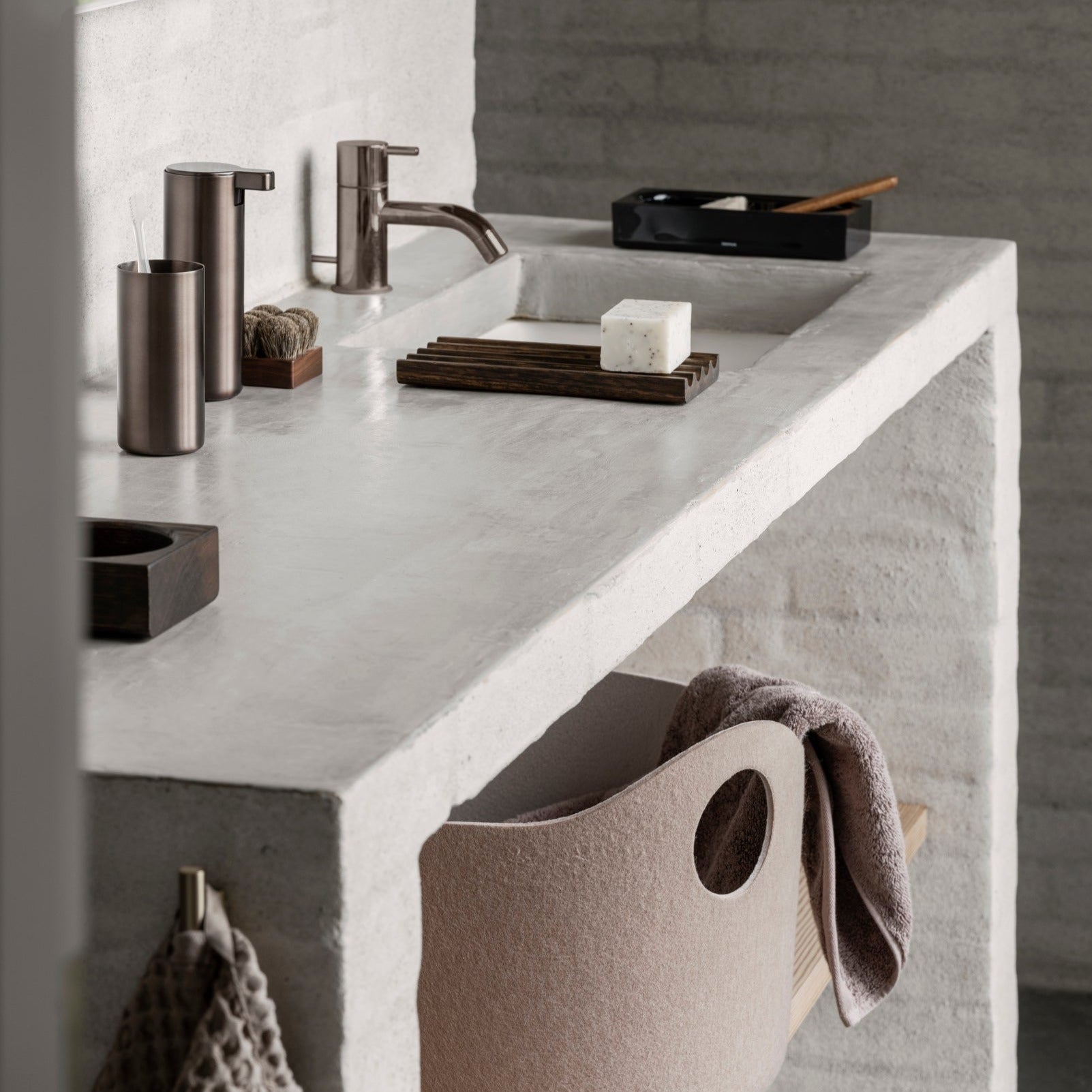 Modern rustic bathroom with brushed metal tumbler and soap dispenser set