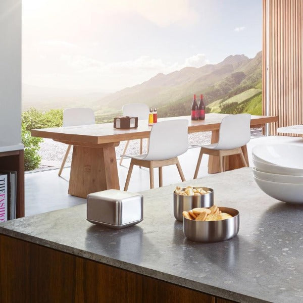 Beautiful modern kitchen with mountain views and blomus stainless steel snack bowls on counter