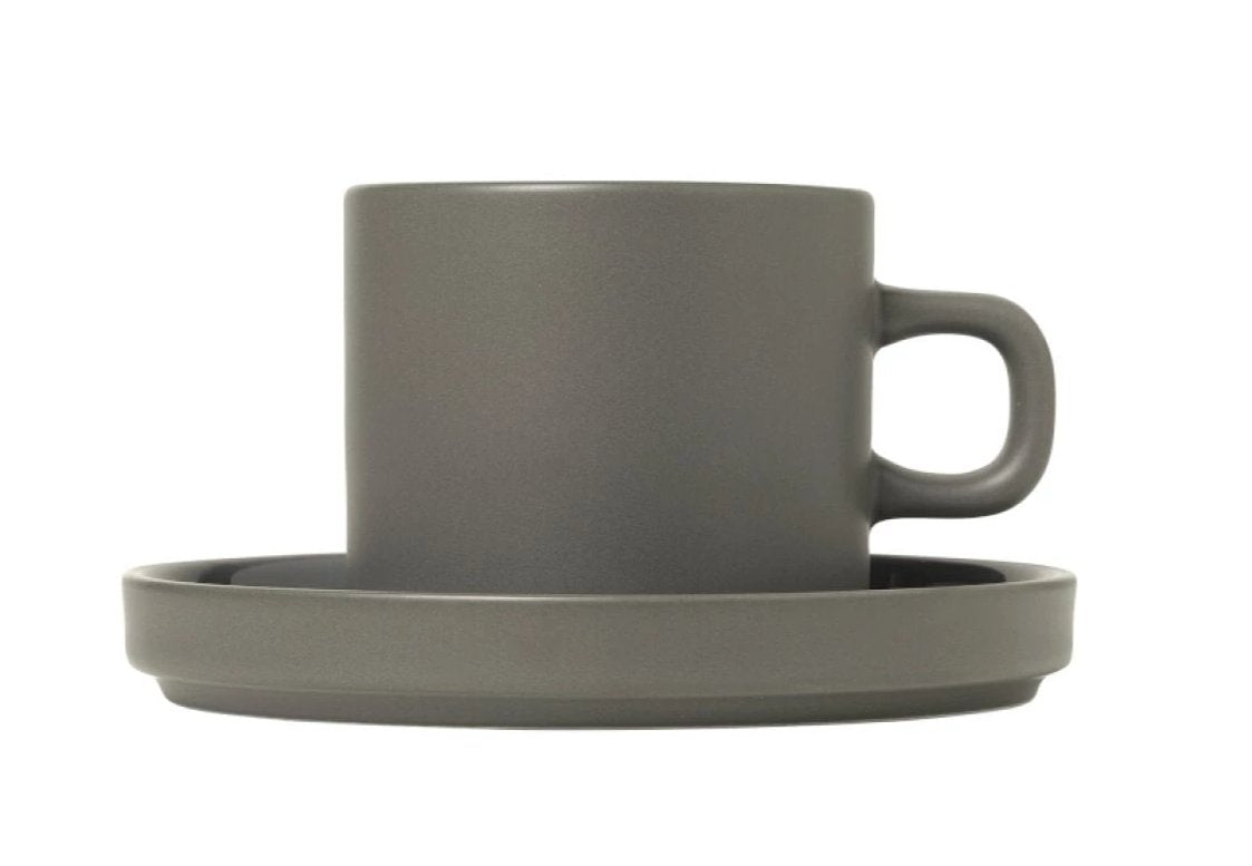 Blomus 7 oz Pilar Coffee Cups with Saucers Mirage Grey - Set of 2
