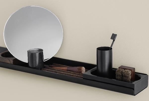 minimalist wall shelf with toothbrush cup and mirror
