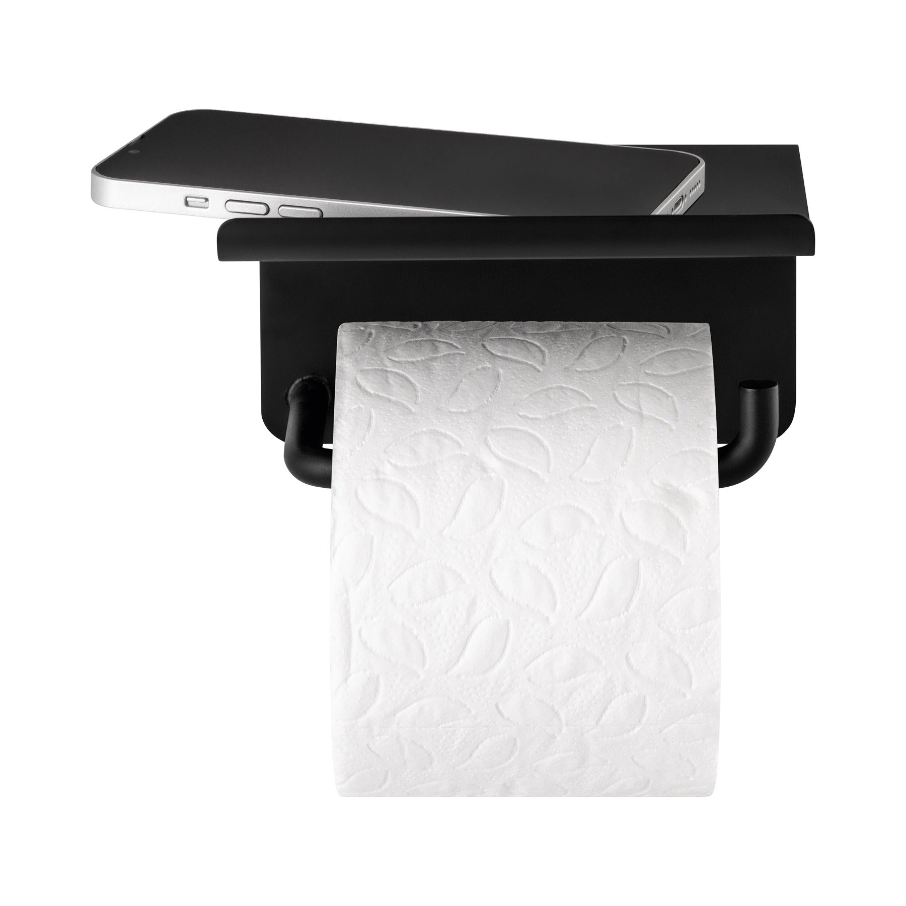 MODO Toilet Paper Holder with Tray - with a phone on the tray with a toilet paper on roll.