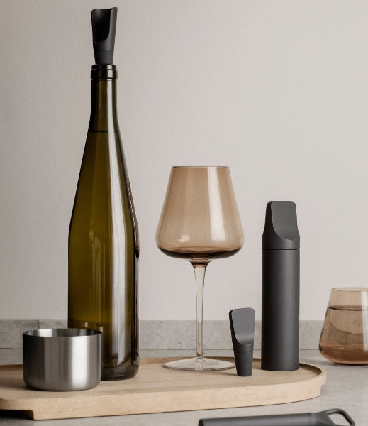 blomus ZEN wood serving tray with wine bottle and accessories