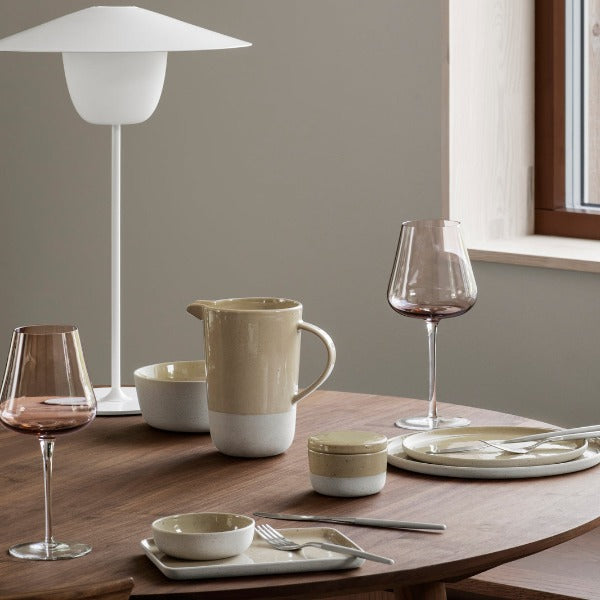 modern dining table setting with minimalist blomus SABLO ceramic stoneware in Savannah glaze