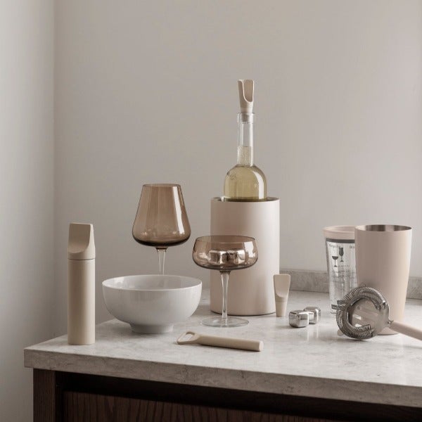 modern simple wine accessories by blomus displayed on an elegant marble wine counter