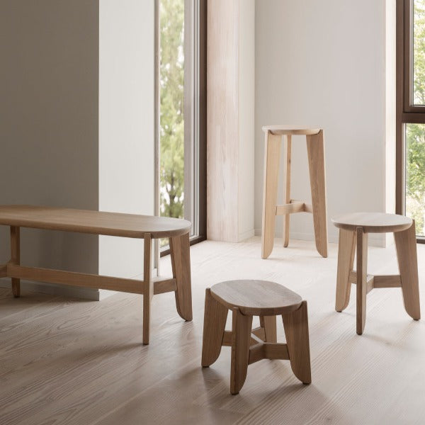 assortment of Scandinavian simplicity inspired oak stools and benches from blomus ELI collection