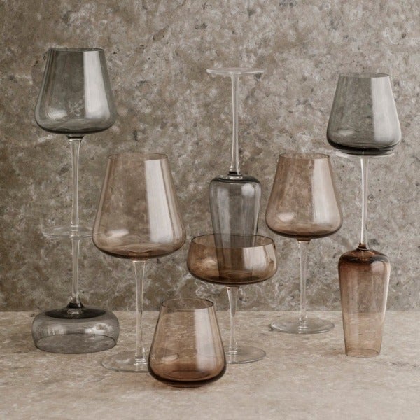 elegant marble countertop displaying an array of blomus BELO hand blown wine glasses
