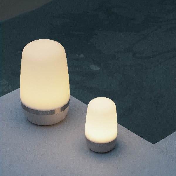 Warm glow from LED lanterns next to a pool at night