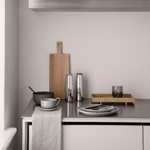 minimalist kitchen counter with blomus ABENTO wood tray
