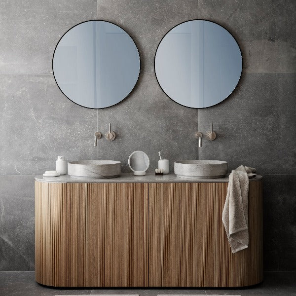 Simplistic modern bathroom with minimalist bathroom set of tumbler and soap dispenser