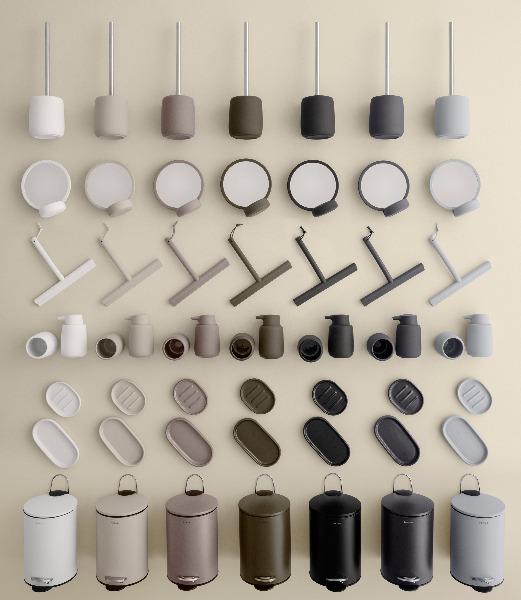 Display of matching bathroom accessories from blomus