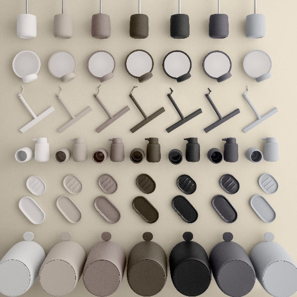 SONO matte finish bathroom accessories displayed in all available colors against a solid background
