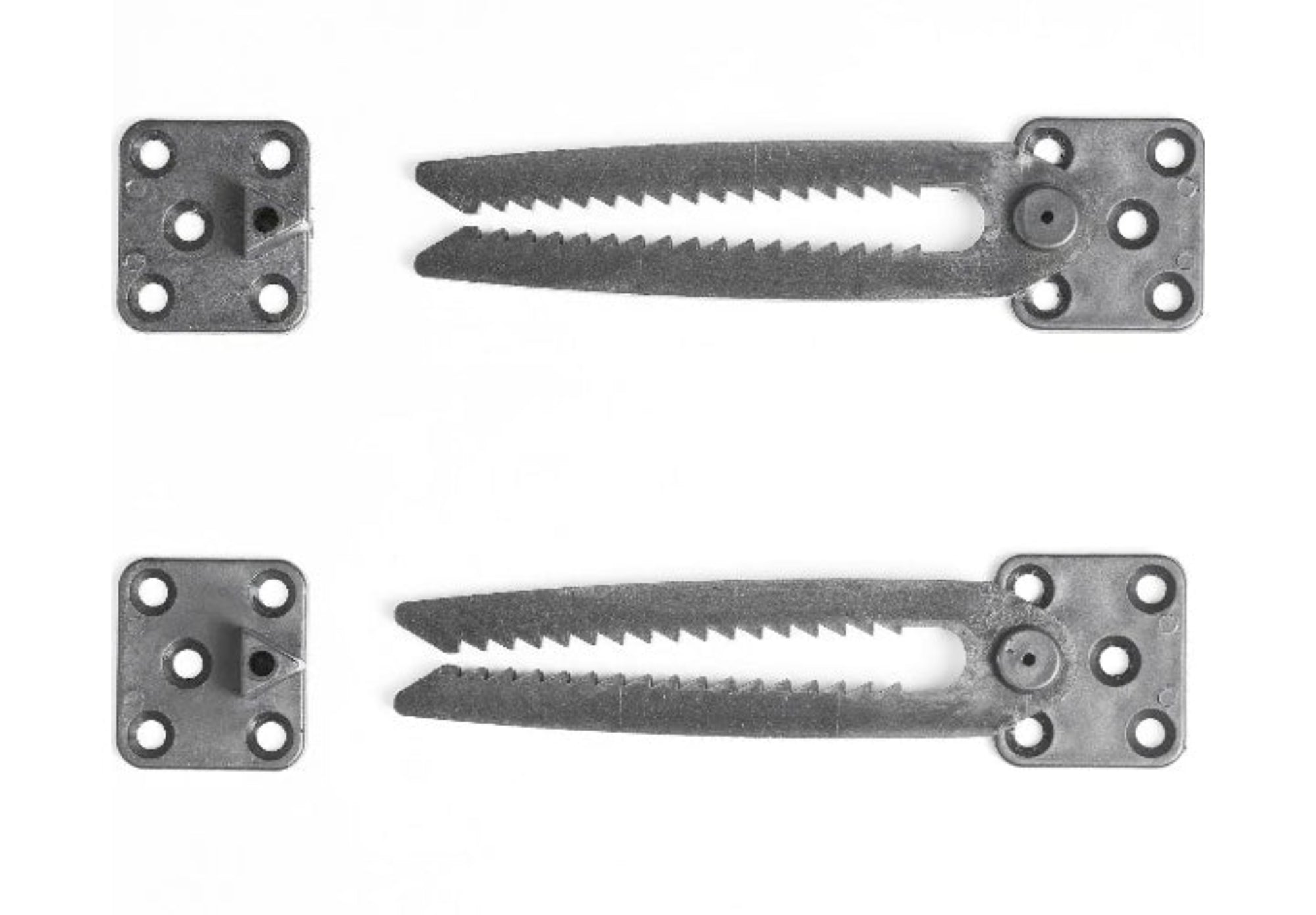 Two composite butterfly hinges on a white background