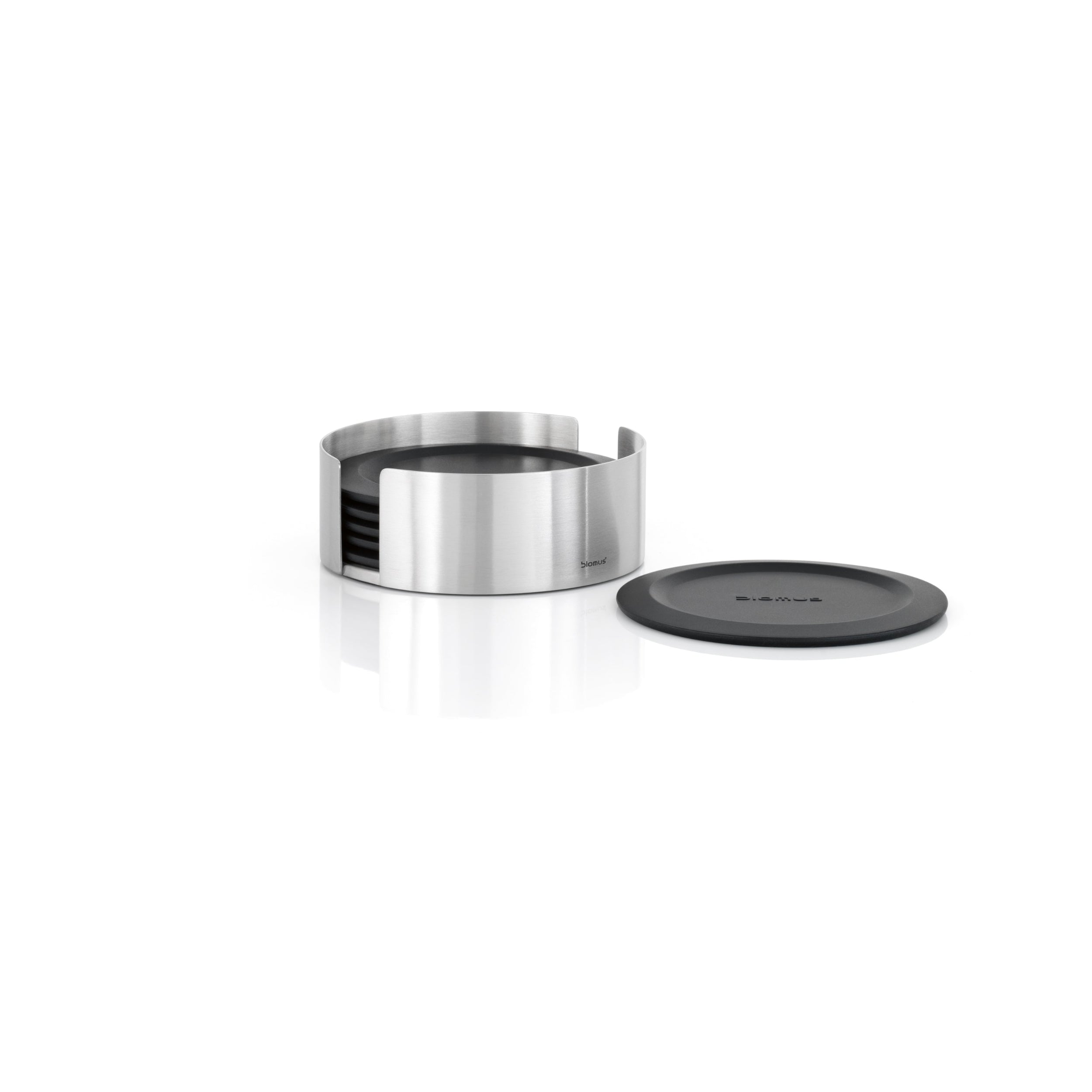 blomus LARETO Silicone Drink Coasters Set with Stainless Steel Holder – Round Non-Slip Modern Table Coasters (Set of 6)