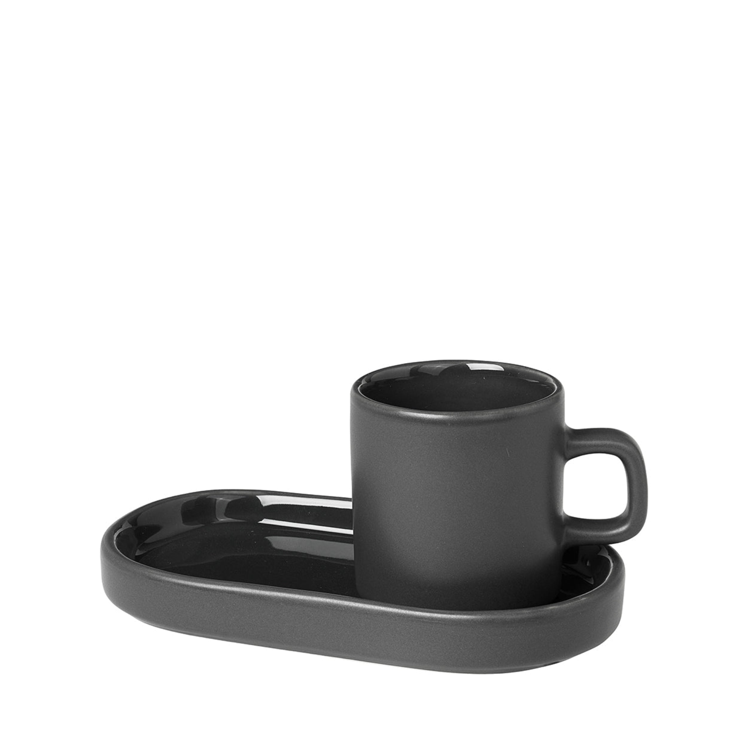 blomus PILAR Modern Stoneware Espresso Cups with Oval Trays - Dishware Demitasse and Snack Dish Set of 2